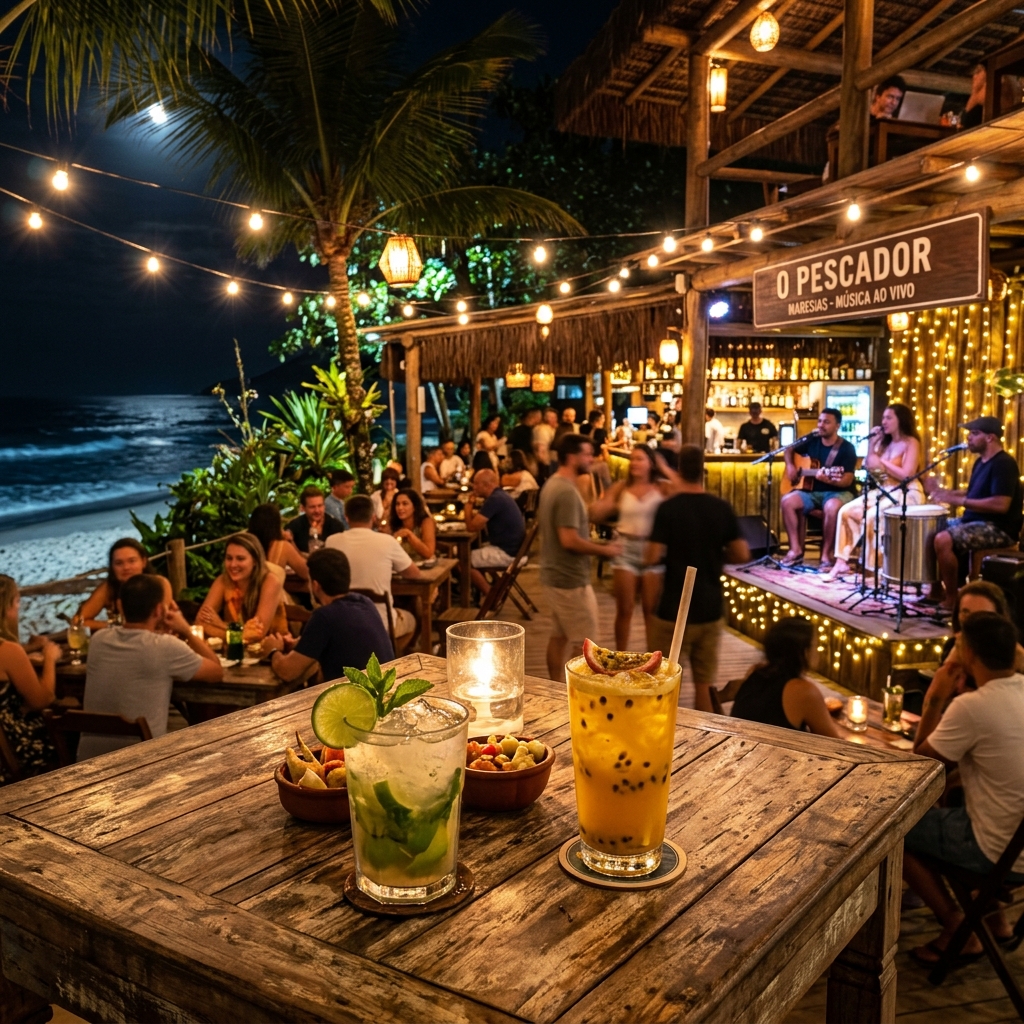 A badalada vida noturna, pubs e restaurantes no centro de Maresias